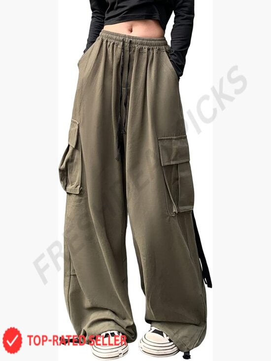 Pants - Wide Leg Cargo Pants Y2K Streetwear Baggy High Waist Drawstring Casual Pants